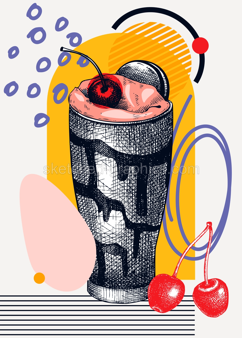 Collage style milkshake vector illustration. Sketched cocktail drawing. Trendy design with milkshake with cherry, geometric and abstract shapes. Sweet drink for print, poster, card, menu, wall art Illustration